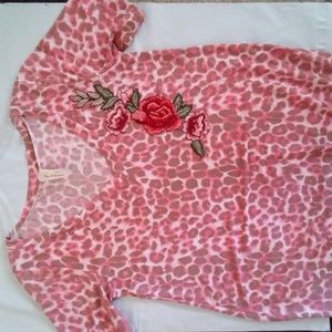 Floral Embroidered Leopard Print V-Neck Sleep Shirt Short Sleeves